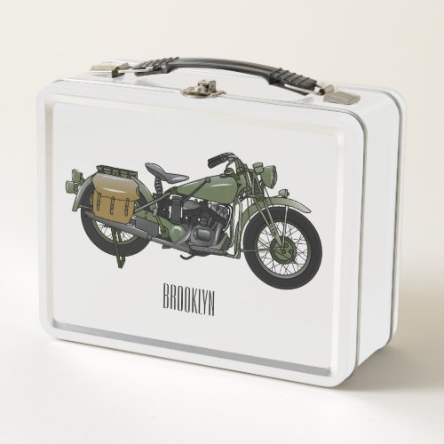 Military cruiser motorcycle cartoon illustration metal lunch box