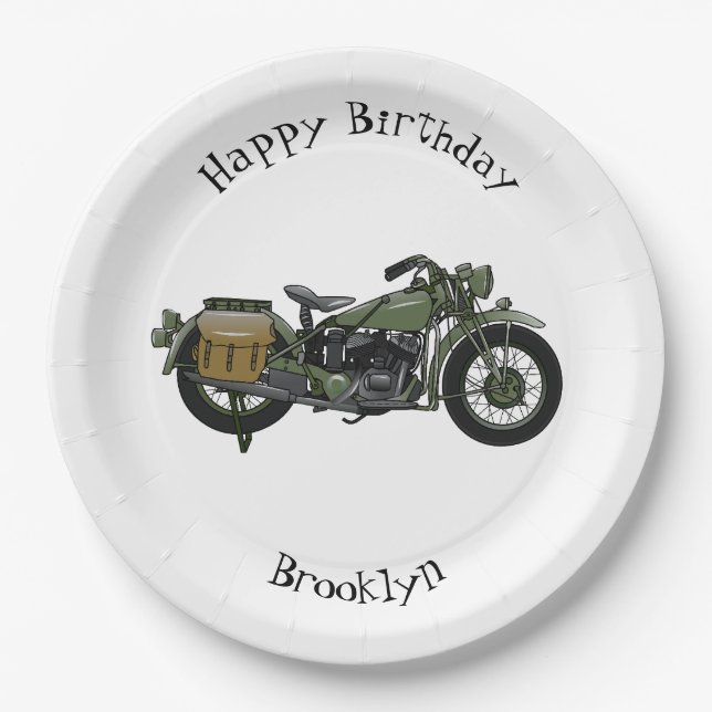 Military cruiser motorcycle cartoon illustration paper plates (Front)