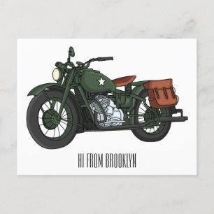 Military cruiser motorcycle cartoon illustration postcard