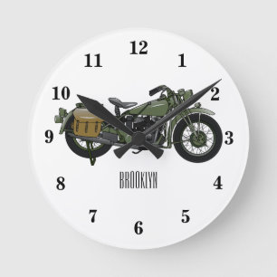 Military cruiser motorcycle cartoon illustration round clock