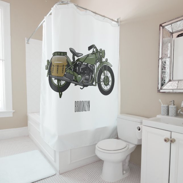 Military cruiser motorcycle cartoon illustration shower curtain (In Situ)