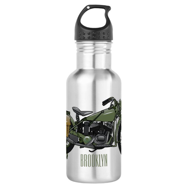 Military cruiser motorcycle cartoon illustration stainless steel water bottle (Front)