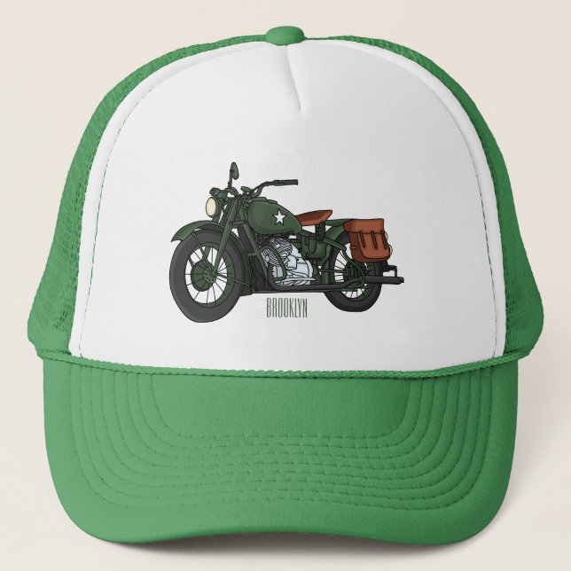 Military cruiser motorcycle cartoon illustration trucker hat (Front)