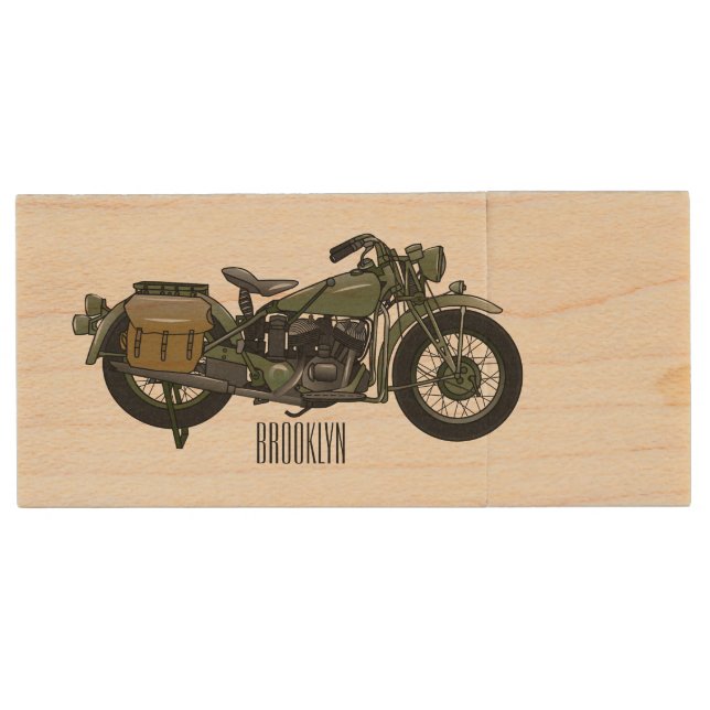 Military cruiser motorcycle cartoon illustration wood flash drive (Front)