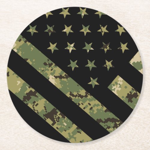 Military Digital Camouflage US Flag Round Paper Coaster