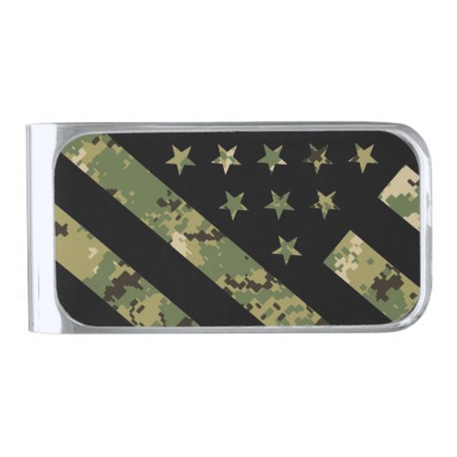 Military Digital Camouflage US Flag Silver Finish Money Clip