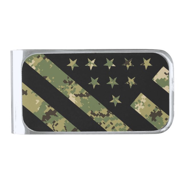 Military Digital Camouflage US Flag Silver Finish Money Clip (Front)