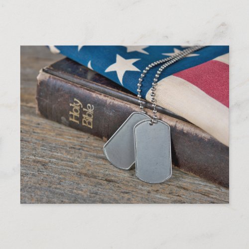 Military Dog Tags on Bible with flag Postcard