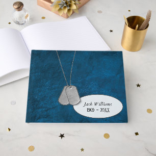 Military Dog Tags on Blue Leather for Funeral Guest Book