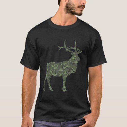 Military Elk Camo Print Us Wapiti Deer Stag Vetera T_Shirt