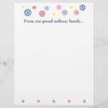 Military Family Christmas Snowflakes Blue Letterhead<br><div class="desc">Patriotic Christmas letterhead for any amazing USA military family! White background with red,  blue and gold snowflakes. A lovely customizable blue print says "From our proud military family... " Pairs well with the Military USA Customizable Merry Christmas Holiday Card!</div>