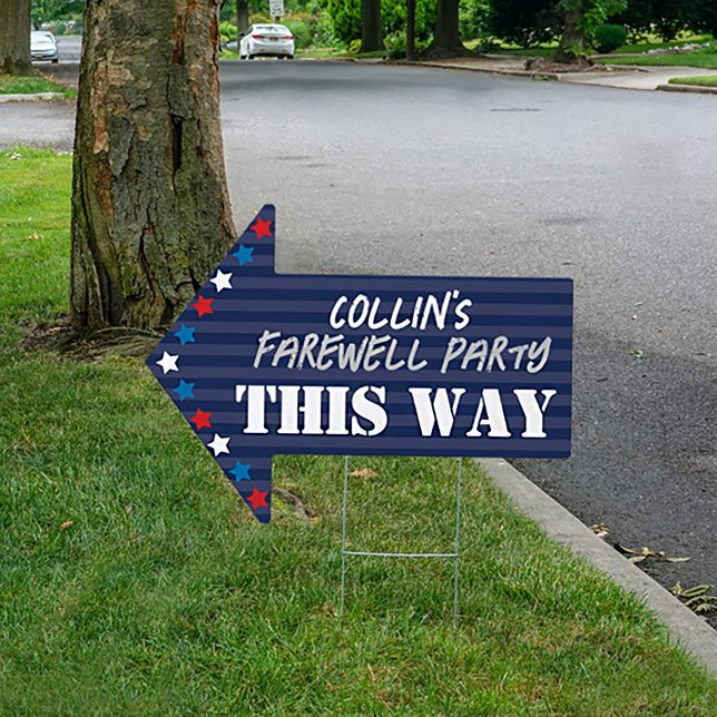 Military Farewell Party This Way Arrow Yard Sign  (Military going away party this way sign, patriotic farewell party, yard lawn arrow directional sign)