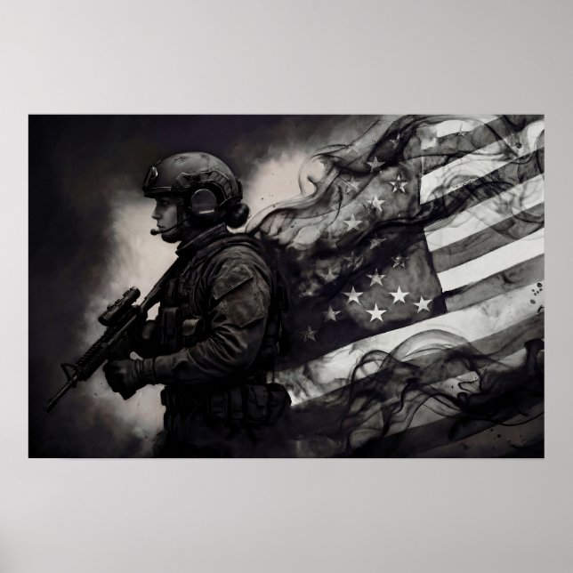 Military Female American Flag Smoke Ink Monochrome Poster (Front)