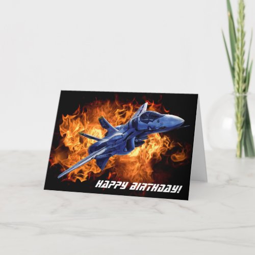Military fighter jet flying out of the fire card