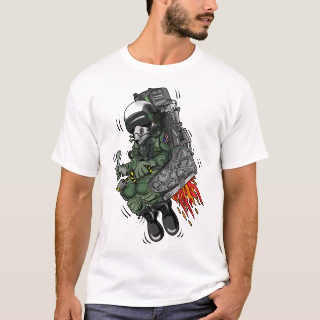 Military Fighter Jet Pilot Ejection Seat Cartoon T-Shirt (Front)