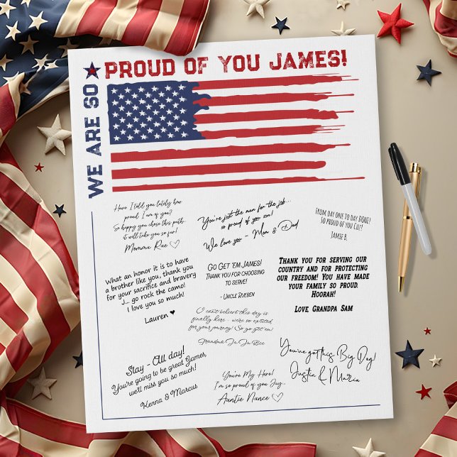 Military Flag Going Away Farewell Party Guest Book (Patriotic US Drip Flag We Are Proud of You recruit name going away party wall art guest book signing)