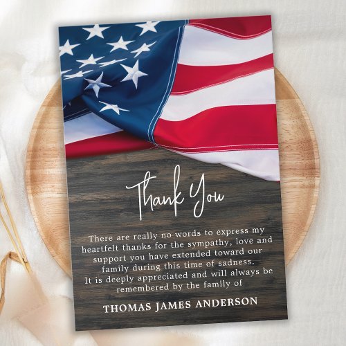 Military Funeral  Patriotic American Flag Memorial Thank You Card
