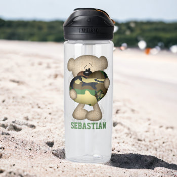 Military Giant Love Heart Camouflaged Bear Water Bottle by Ricaso_Designs at Zazzle