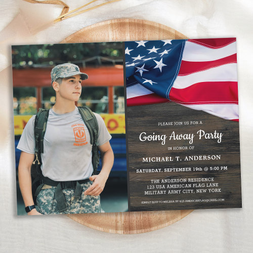 Military Going Away Party Patriotic USA Flag Photo Invitation Postcard