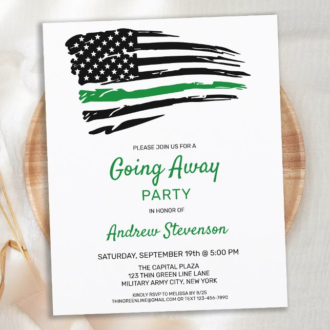 Military Going Away Party USA Flag Thin Green Line Announcement Postcard (Creator Uploaded)