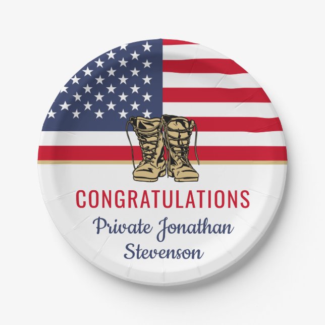 Military Graduation Army Boot Camp Patriotic Paper Plates (Front)