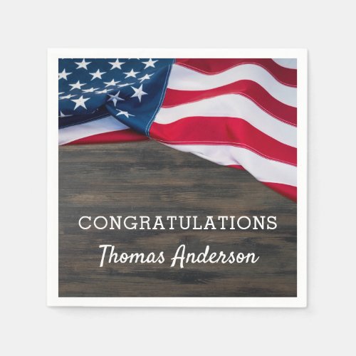 Military Graduation Patriotic Usa American Flag Napkins - Patriotic American Flag Military Graduation Party Napkins. Host your patriotic graduation party with this USA flag patriotic graduation party napkins. USA American flag design on dark rustic wood. This military graduation napkins are also perfect for military retirement parties. See our collection for matching military graduation invitations, gifts, party favors, and supplies.  COPYRIGHT © 2021 Judy Burrows, Black Dog Art - All Rights Reserved. Patriotic Usa American Flag Military Graduation Napkins