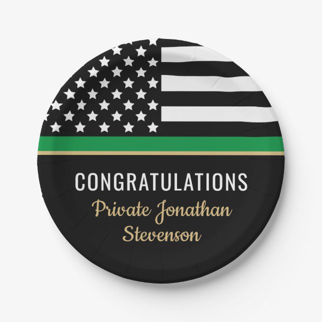 Military Graduation Thin Green Line American Flag Paper Plates (Front)