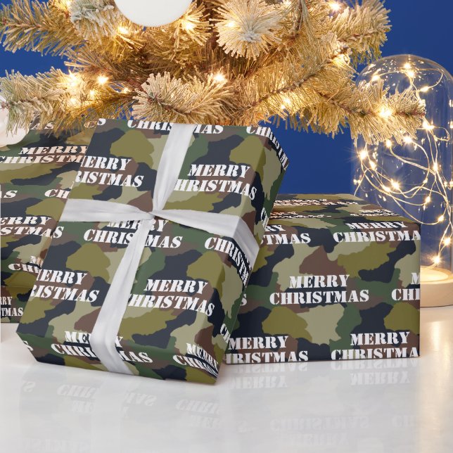 Military Green Brown Camouflage Merry Christmas Wrapping Paper (Holidays)