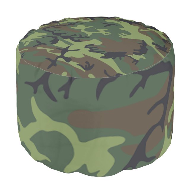 Military Green Camo Pattern Cotton Round Pouf (Angled Front)