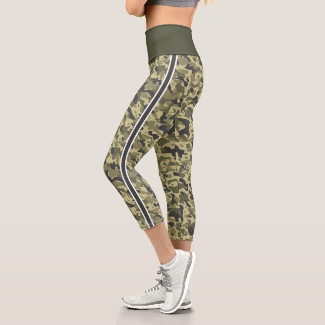 military green camouflage white & grey stripe capri leggings (Left)