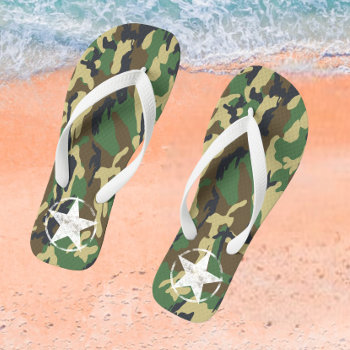 Military Green Camouflage With White Star Flip Flops by Ricaso_Graphics at Zazzle