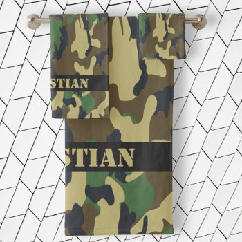 Military Green Camouflaged Pattern Personalized Bath Towel Set by EqualToAngels at Zazzle
