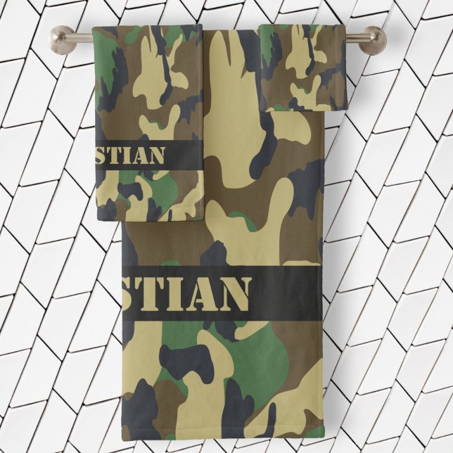 Military Green Camouflaged Pattern Personalized Bath Towel Set (Creator Uploaded)