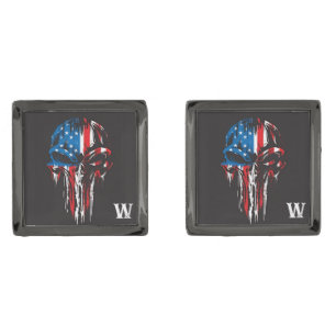 Military Grunge Skull USA Flag Monogram Initial Cufflinks