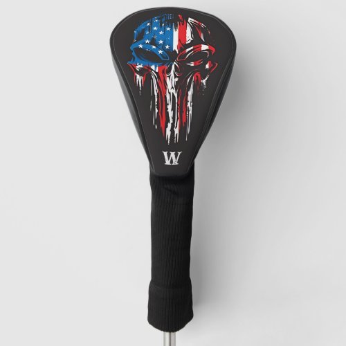 Military Grunge Skull USA Flag Monogram Initial Golf Head Cover