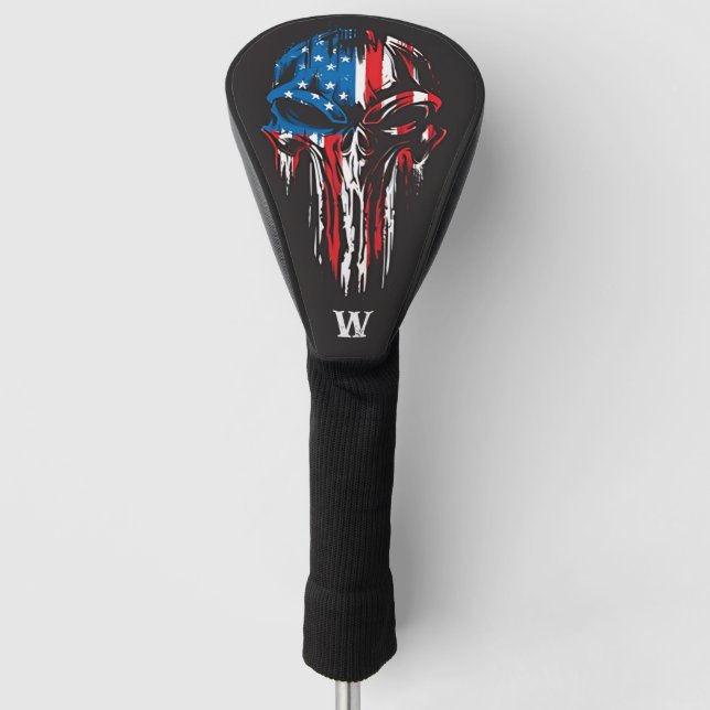 Military Grunge Skull USA Flag Monogram Initial Golf Head Cover (Front)