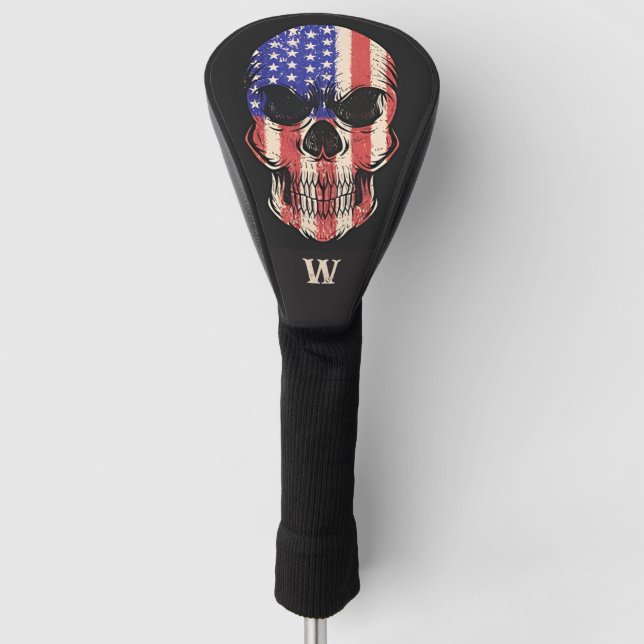 Military Grunge USA Flag Skull Monogram Initial Golf Head Cover (Front)