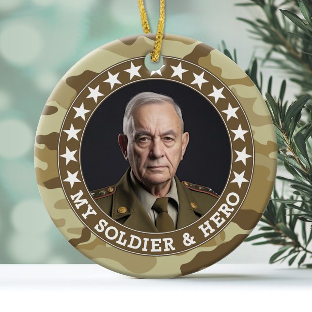 Military Hero - Camouflage Design DOUBLE-SIDED Ceramic Ornament (Personalized Christmas Photo Ornament)