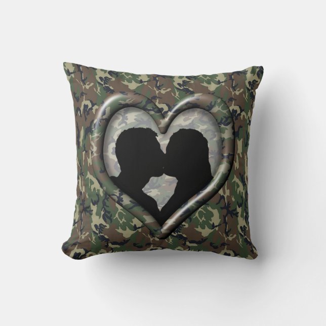Military Kissing Couple Silhouette Camo Heart Throw Pillow (Front)