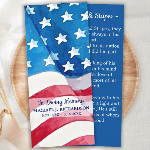 Military Memorial Funeral Prayer Bookmark US Flag 