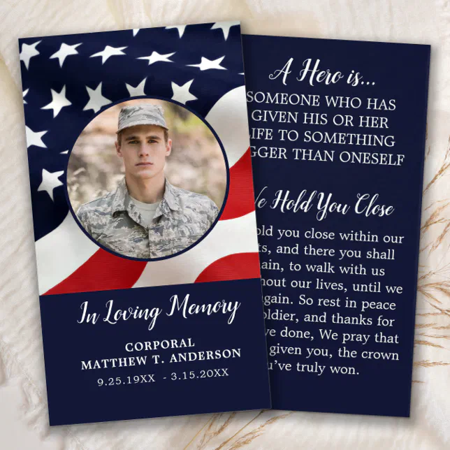 Military Memorial Soldier USA Flag Prayer Card | Zazzle