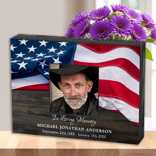 Military Memorial US Flag Veteran Photo Patriotic  Wooden Box Sign