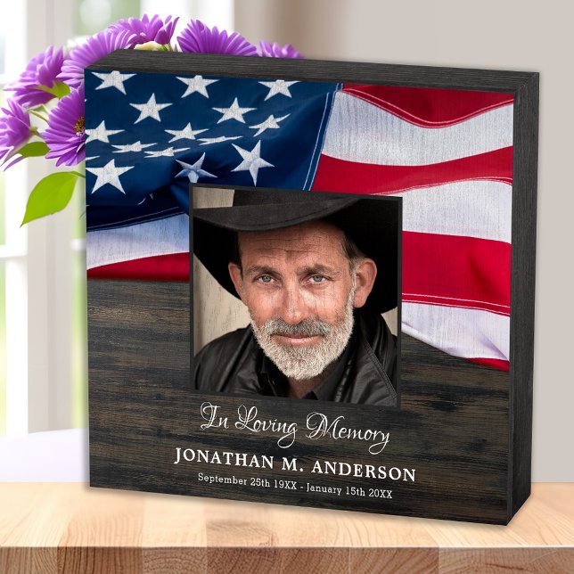Military Memorial Veteran Photo USA American Flag Wooden Box Sign (Creator Uploaded)