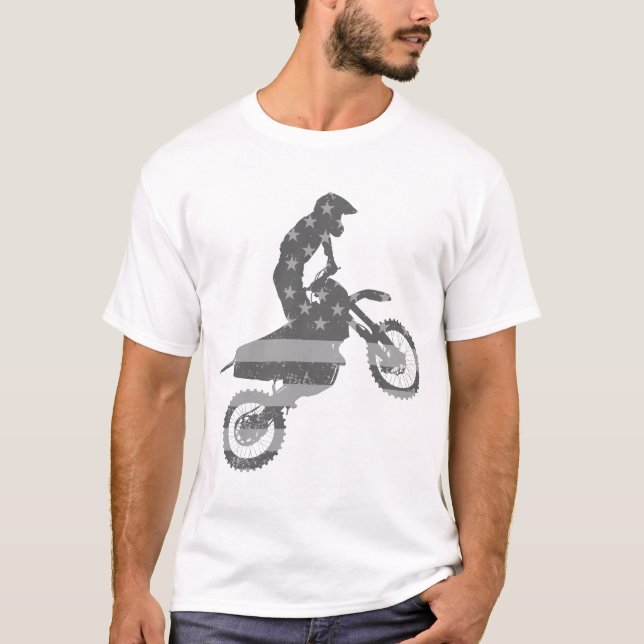 Military Motocross Dirt Bike Rider USA Flag Racing T-Shirt (Front)