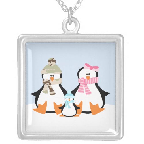 Military Penguin Family Silver Plated Necklace