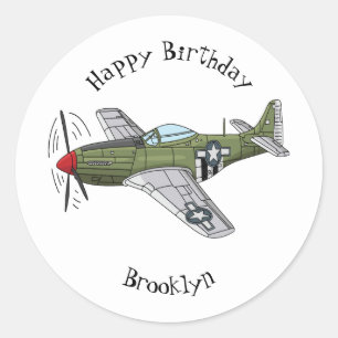 Military plane cartoon illustration classic round sticker