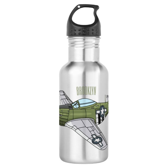 Military plane cartoon illustration stainless steel water bottle (Front)