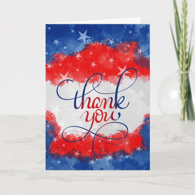 Military Red White and Blue Watercolor Thank You Card (Front)