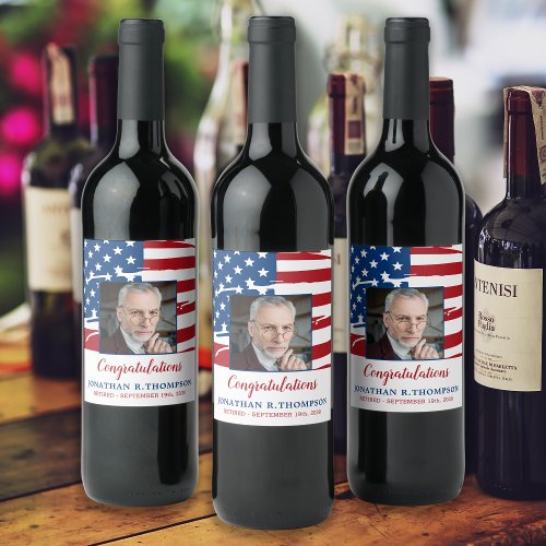 Military Retirement American Flag Photo Patriotic Wine Label