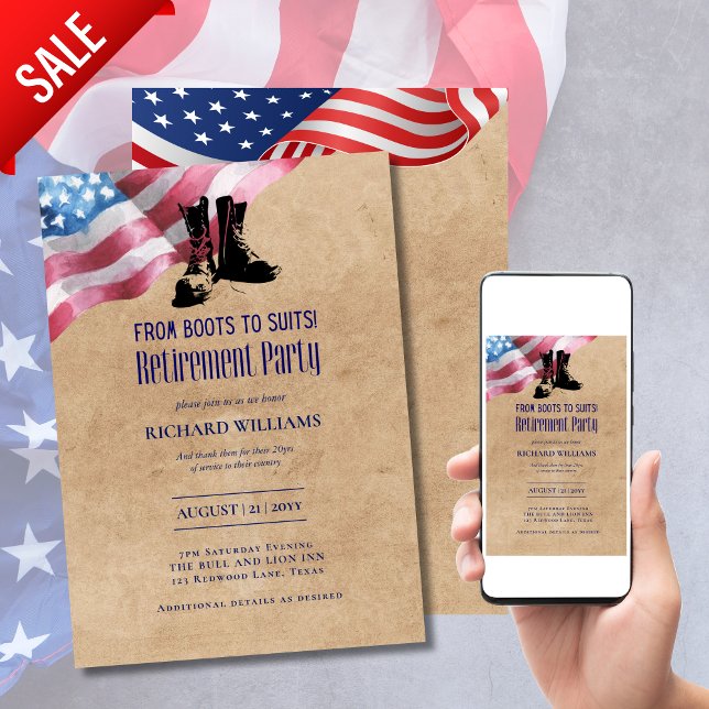 MILITARY RETIREMENT From Boots to Suits! Us Flag  Invitation (Creator Uploaded)